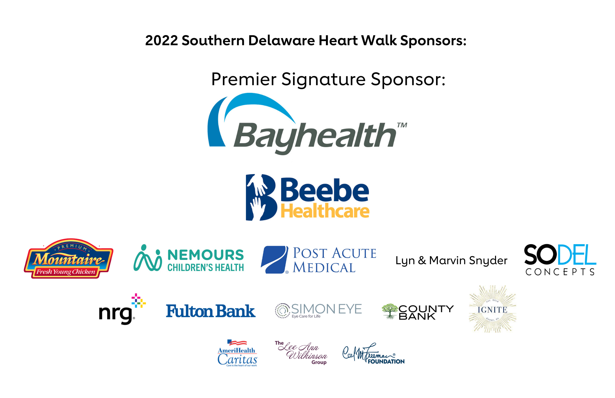 Bayhealth
Beebe Healthcare
Mountaire Farms 
Nemours Children&rsquo;s Health
Post Acute Medical 
County Bank
NRG
Fulton Bank 
AmeriHealth Caritas 
Lee Ann Wilkinson Group
The Carl M. Freeman Foundation
Bayhealth
Lyn & Marvin Snyder
SoDel Concepts
SimonEye 
Country Bank
Ignite
AmeriHealth
Lee Ann Wilkinson Group
Carl M Freeman Foundation