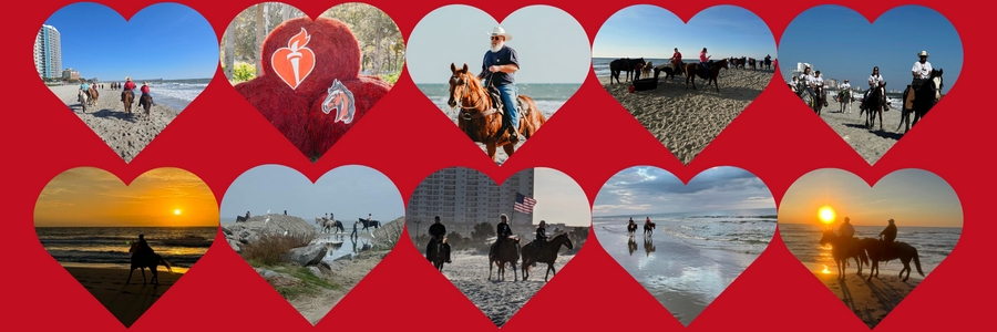 Banner image with 10 heart shaped pictures with various images from past Beach Ride events including images of people riding horses on the beach