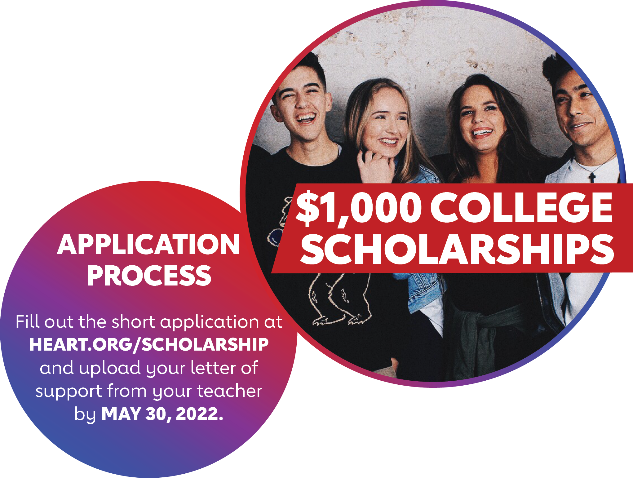 $1,000 COLLEGE SCHOLARSHIPS
APPLICATION PROCESS
Fill out the short application at
HEART.ORG/SCHOLARSHIP
and upload your letter of
support from your teacher by May 31, 2022.
